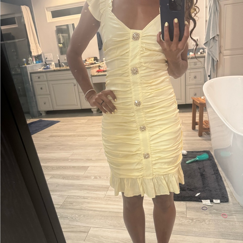 Butter Yellow Ruffle Ruched Dress - envy by Melissa Gorge